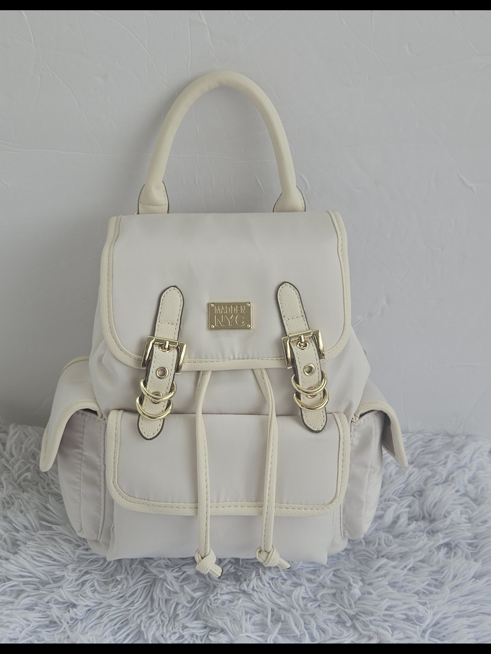 Madden NYC Cream Backpack Nylon Faux Leather Flap Gold Hardware NWT